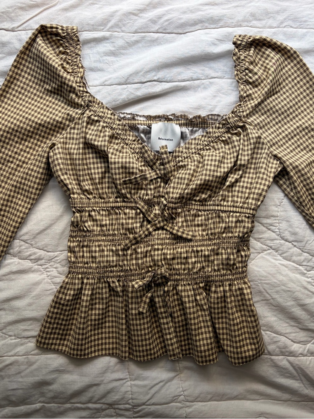 Reformation Lauryn Cotton Bow Blouse Top - Blondie Check French Size 8